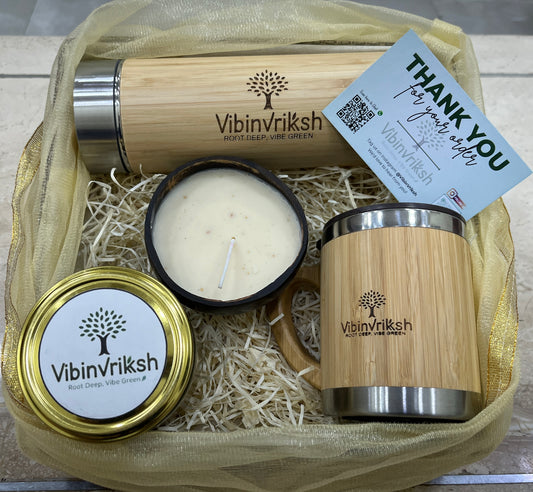 🌿 Eco-Luxury Bamboo Gift Hamper | Flask, Mug & Coconut Shell Candle | Sustainable Gifting by VibinVriksh