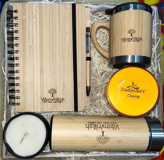 Eco-Luxury Gift Hamper – Bamboo Flask, Mug, Diary, Coconut Shell Candle & Dry Fruits Jar