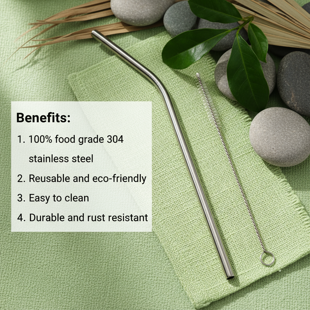 Metallic straw on a green fabric surface with stones and leaves, featuring benefits text.