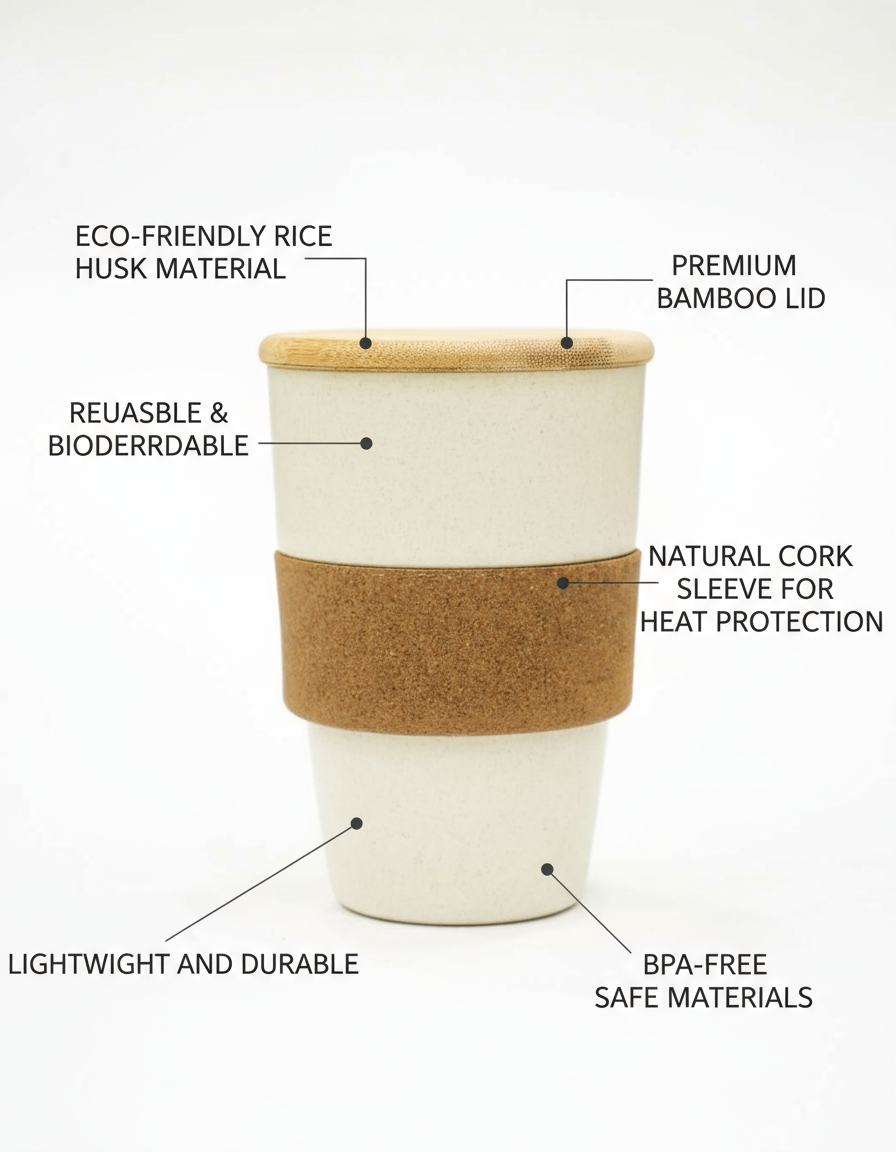 🌿 VibinVriksh Husk Cup with Bamboo Lid & Cork Grip – Eco-Friendly Reusable Travel Mug